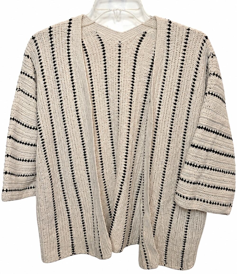 Wrap London Open Front Cardigan 3/4 Sleeve Women's 12 Cream Black Crochet Knit
